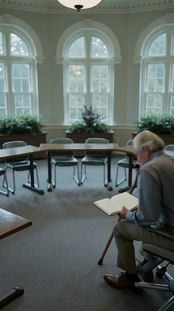 Vertical video: Entering library older man using cane sitting swivel chair reading book, copy space