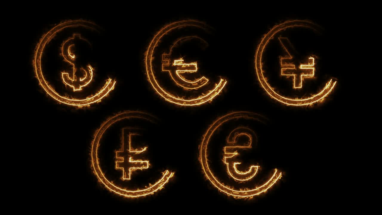 Dynamische gloedeffecten van contouren van valuta's op een zwarte achtergrond.