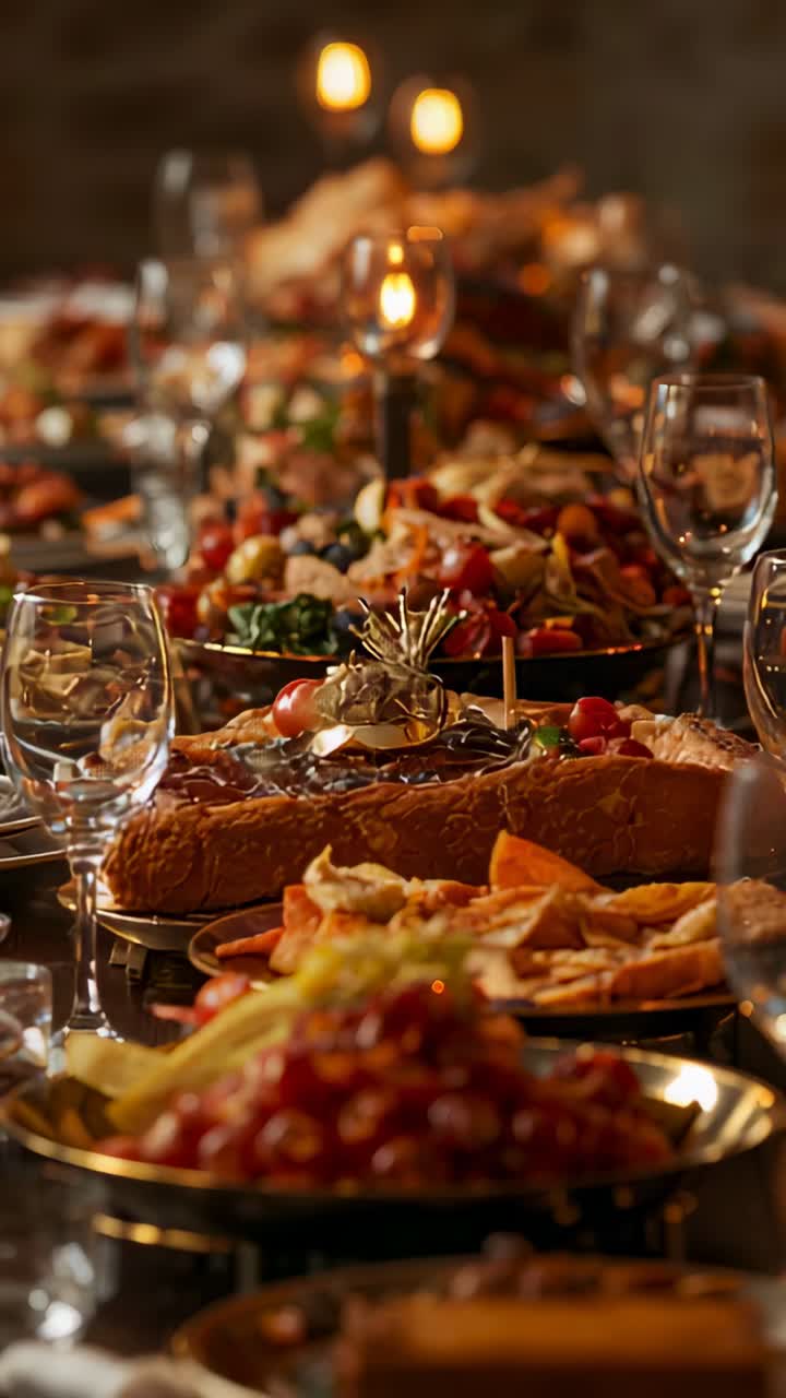 Vertical video: Panning camera sweeping long dining table in warm room, showing candle and salad
