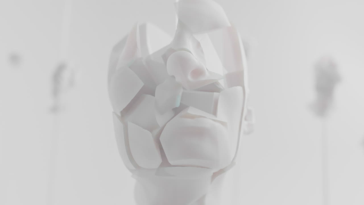 Destroyed android head on spike in white space