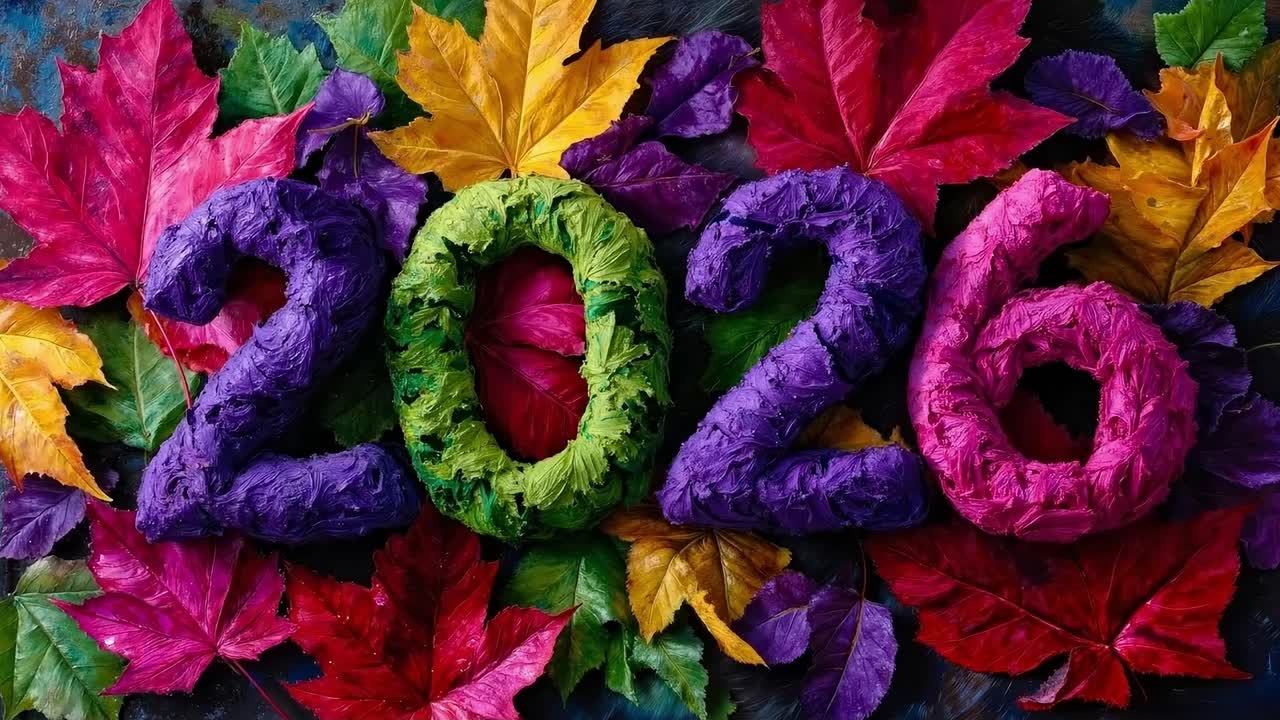 Colorful Autumn Leaves with Textured 2026 Numbers