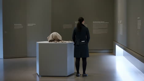 visitor viewing an art installation in a modern gallery