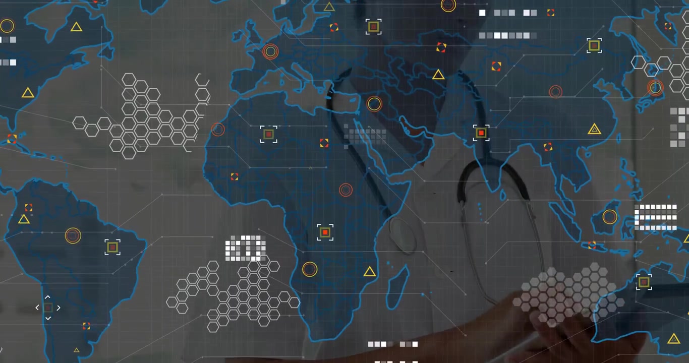 Female doctor tapping and swiping tablet in medical office, building animated global network map