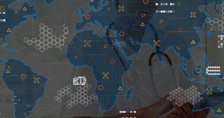 Female doctor tapping and swiping tablet in medical office, building animated global network map