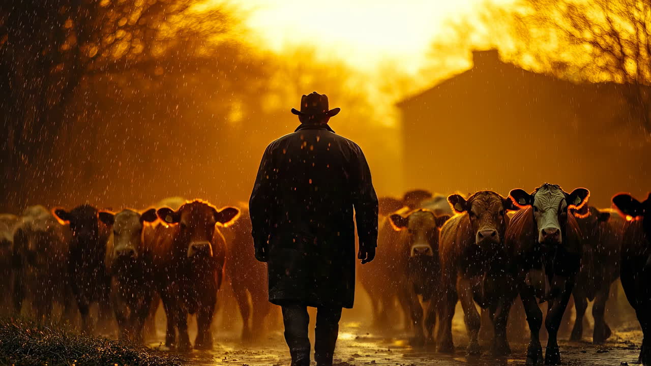 Cattle move to shelter under the guidance of a farmer during a rainy sunset in a rural area
