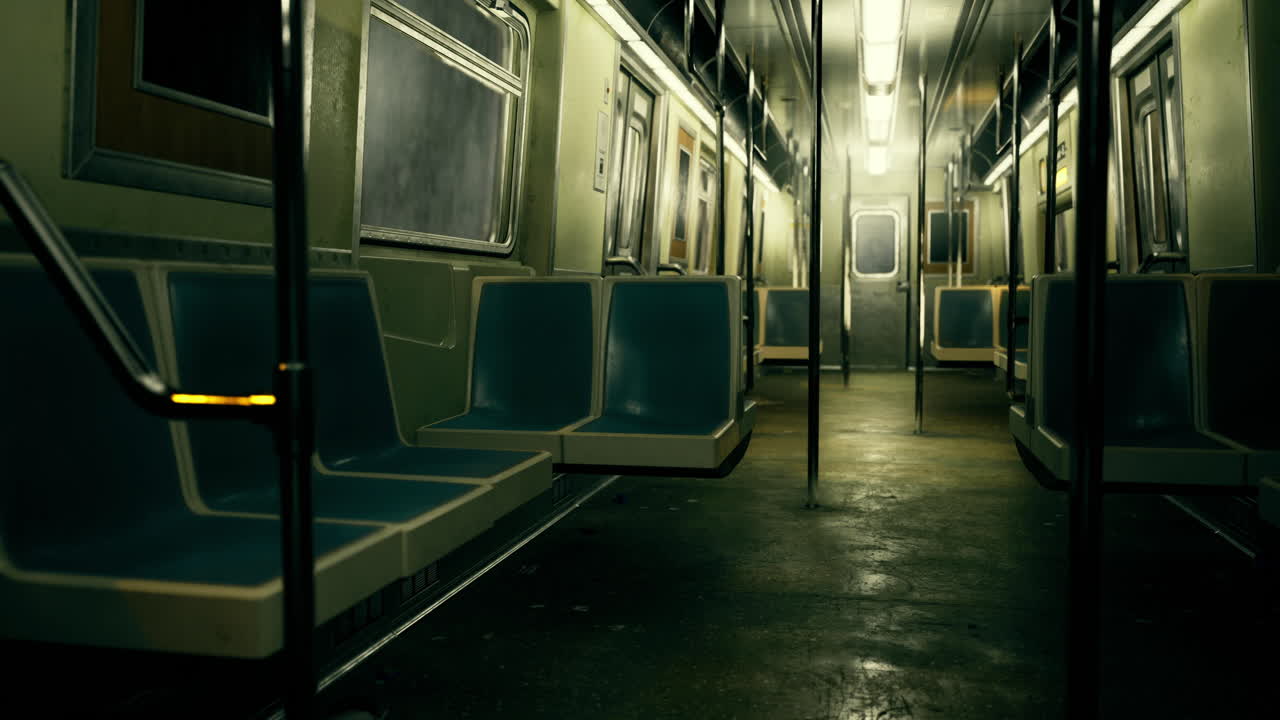 Vagone abbandonato della metropolitana illuminato da luci fioche in una tranquilla area urbana