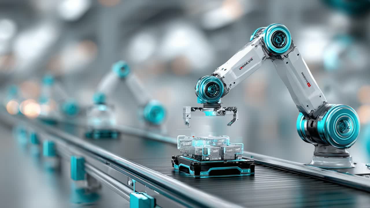 Advanced Robotic Arm in a High-Tech Automation Environment, Efficiently Handling Products on a Conveyor Belt in a Futuristic Manufacturing Facility