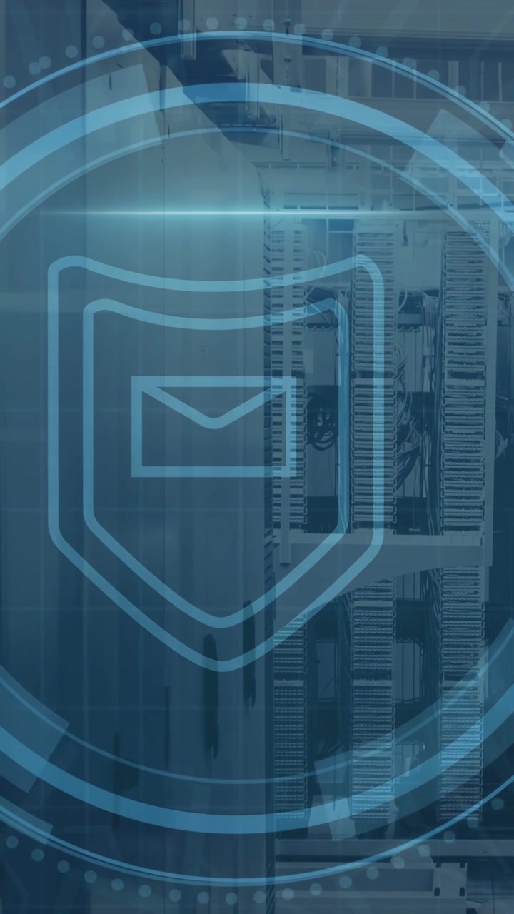 Vertical video: On start cyan HUD rings fading growing shield mail scan pulsing securing racks