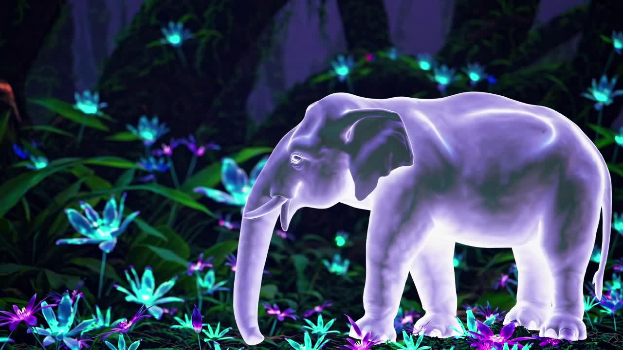 A glowing, translucent elephant in a vibrant, mystical forest