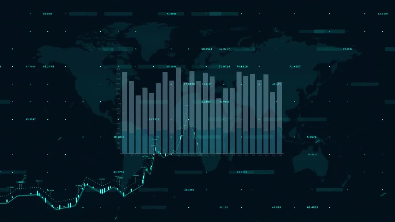animación de diversos gráficos y datos financieros en fondo negro
