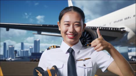 close up of asian woman pilot smiling and showing thumbs up gesture to camera while standing in airfield with airplane on background