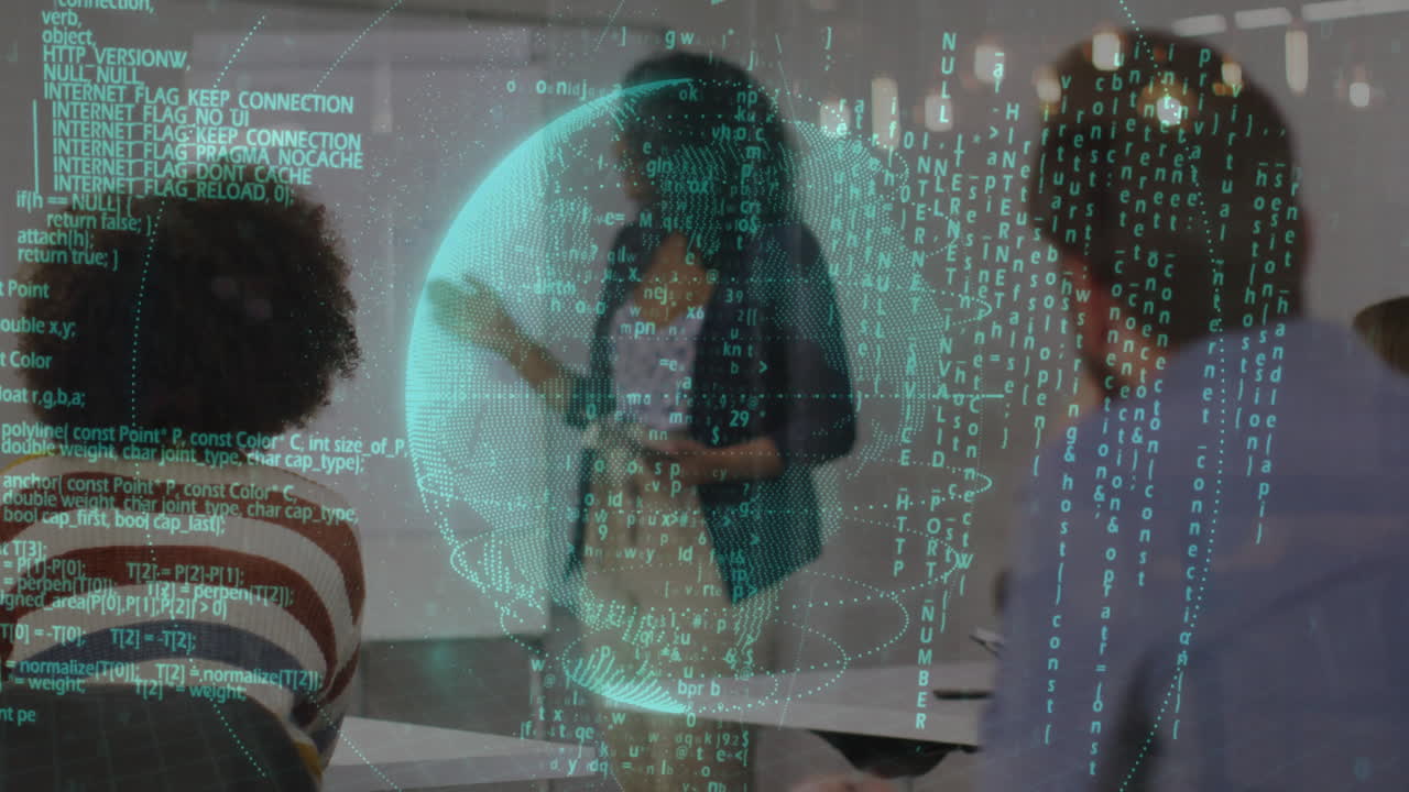 Instructor presenting tech lesson in classroom, showing holographic globe with green code