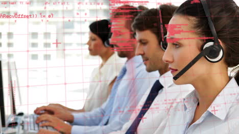 animación del procesamiento de datos financieros sobre personas que llevan auriculares de teléfono