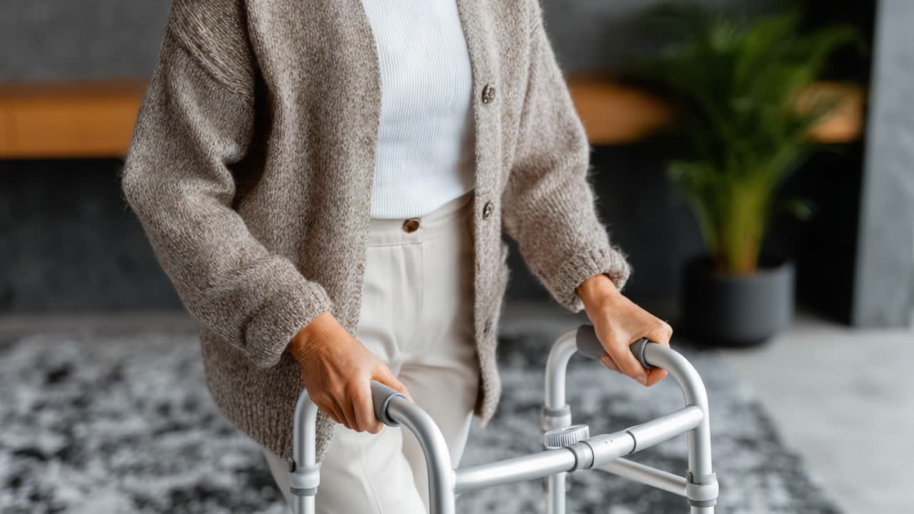 A Person Using a Walker in a Modern Living Space, Emphasizing Mobility Assistance and Comfort with a Cozy Sweater and Stylish Decor Elements