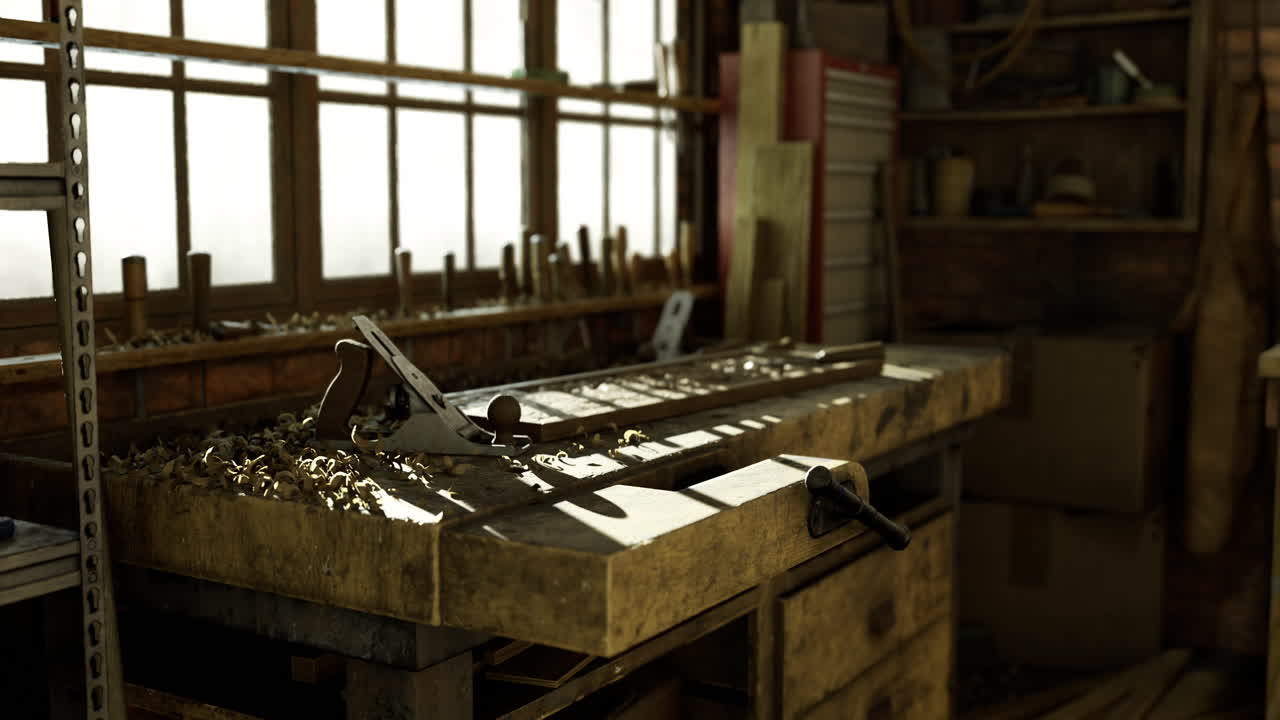 목재 가공 활동 을 위한 도구 와 재료 로 가득 찬 작업실