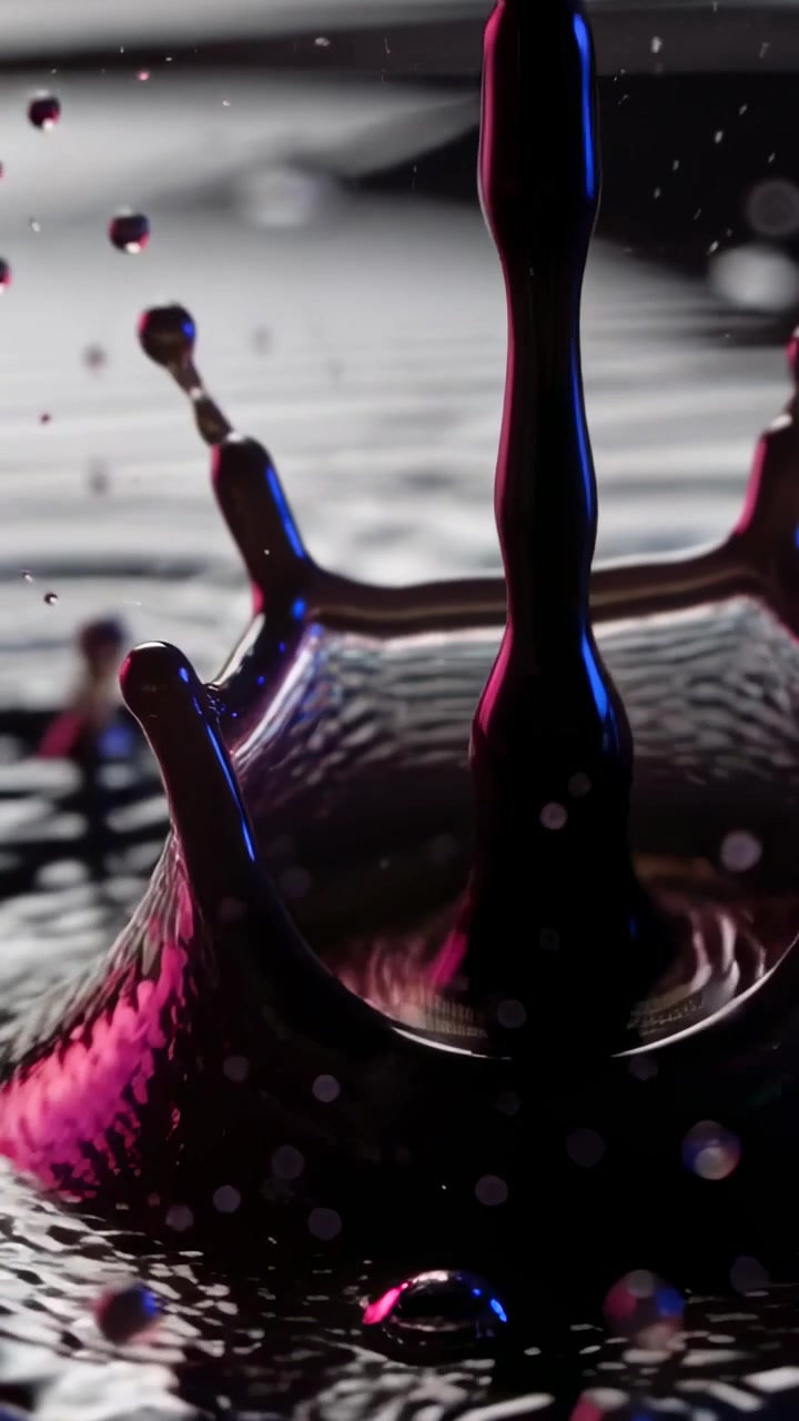 Vertical video: Falling viscous column hitting pool in studio, forming crown, ripples, and droplets
