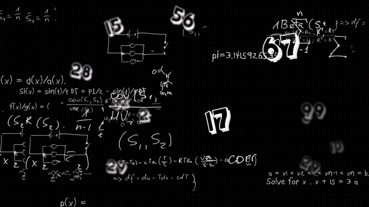 Animazione di numeri, cerchi con diagrammi matematici ed equazione su sfondo nero
