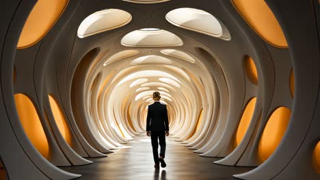 walking through a modern architectural corridor with warm lighting