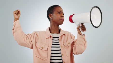 megaphone, news and angry black woman with power