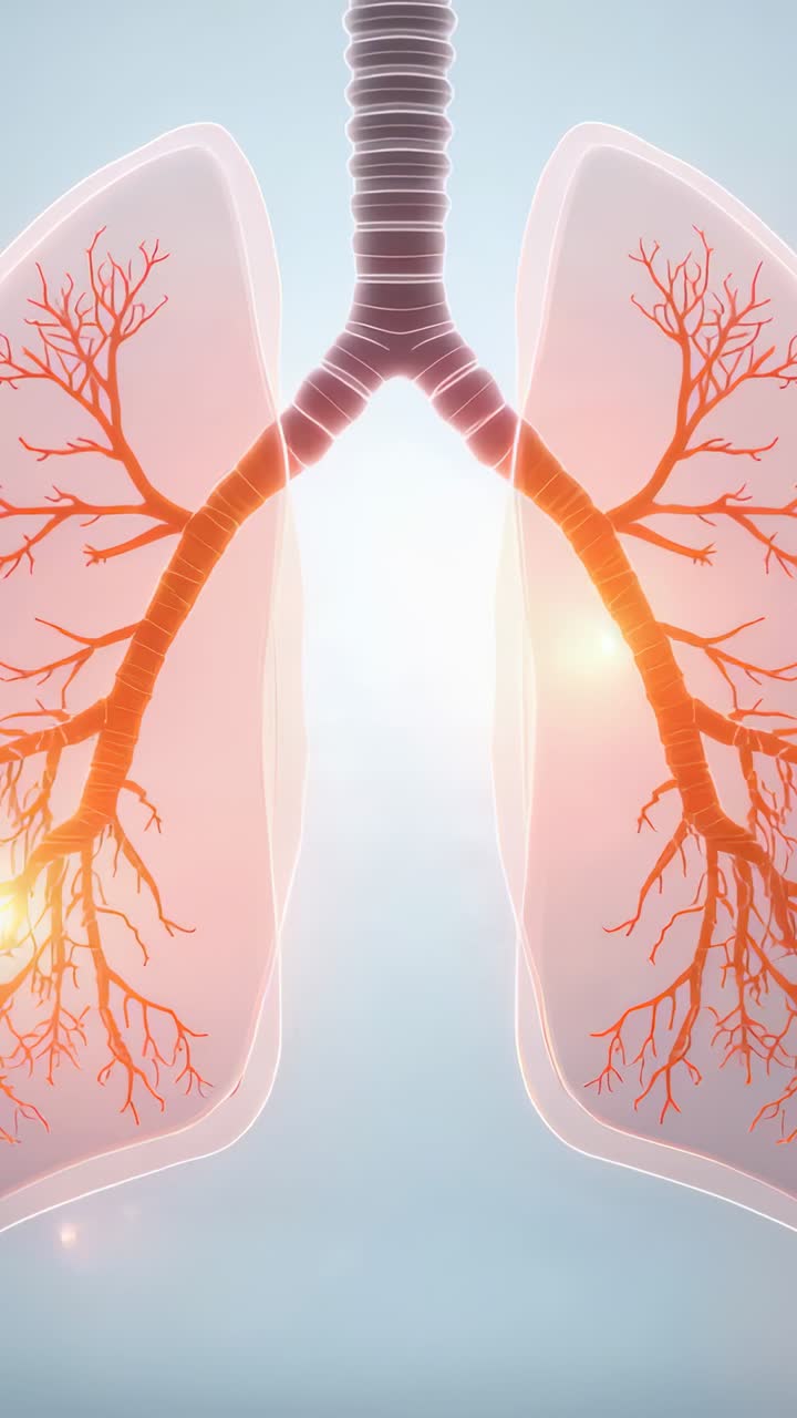 Video verticale: bagliore iniziale che causa pulsazioni ai bronchioli polmonari nell'animazione della clinica a scopo didattico
