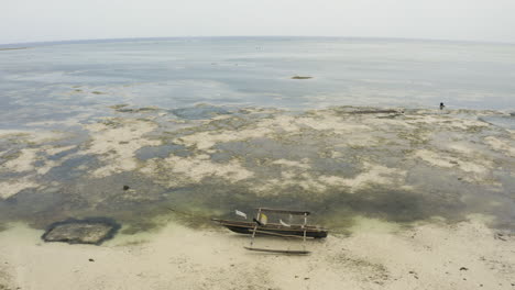 Wooden-catamaran-stranded-on-sandy-african-beach-at-low-tide