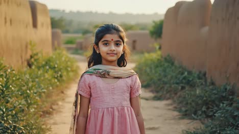 portrait of a beautiful young girl in traditional clothing, standing confidently among old rural buildings, reflecting cultural heritage and childhood innocence in a serene village