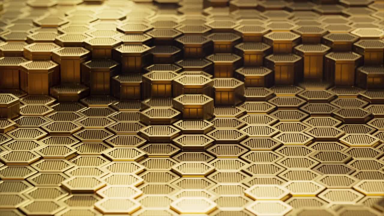 Esagoni dorati in movimento in un motivo astratto dinamico