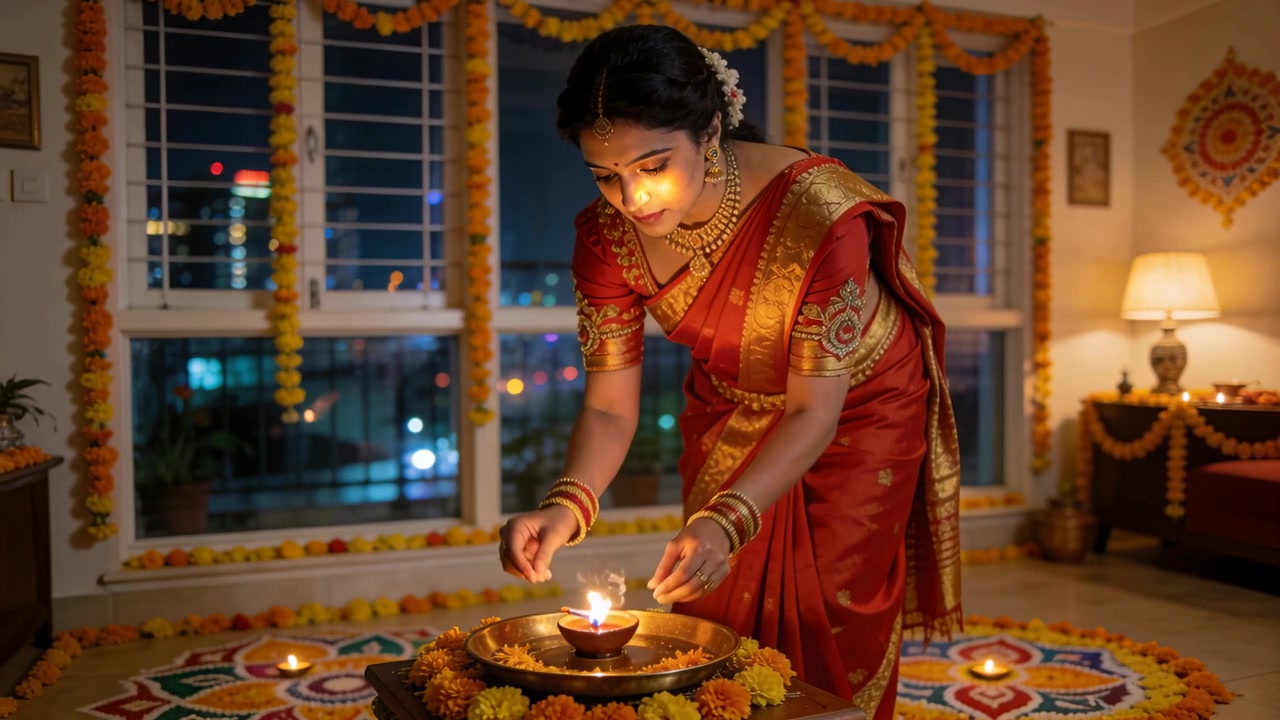 Donna in sari che accende un fiammifero, posizionando calendule intorno a una diya su un rangoli per un rituale a casa.
