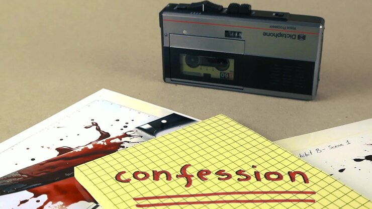 Old cassette recorder with a spinning tape next to crime scene evidence. Including a photo of a bloody knife and a notepad with the word confession written on it. Representing a police investigation