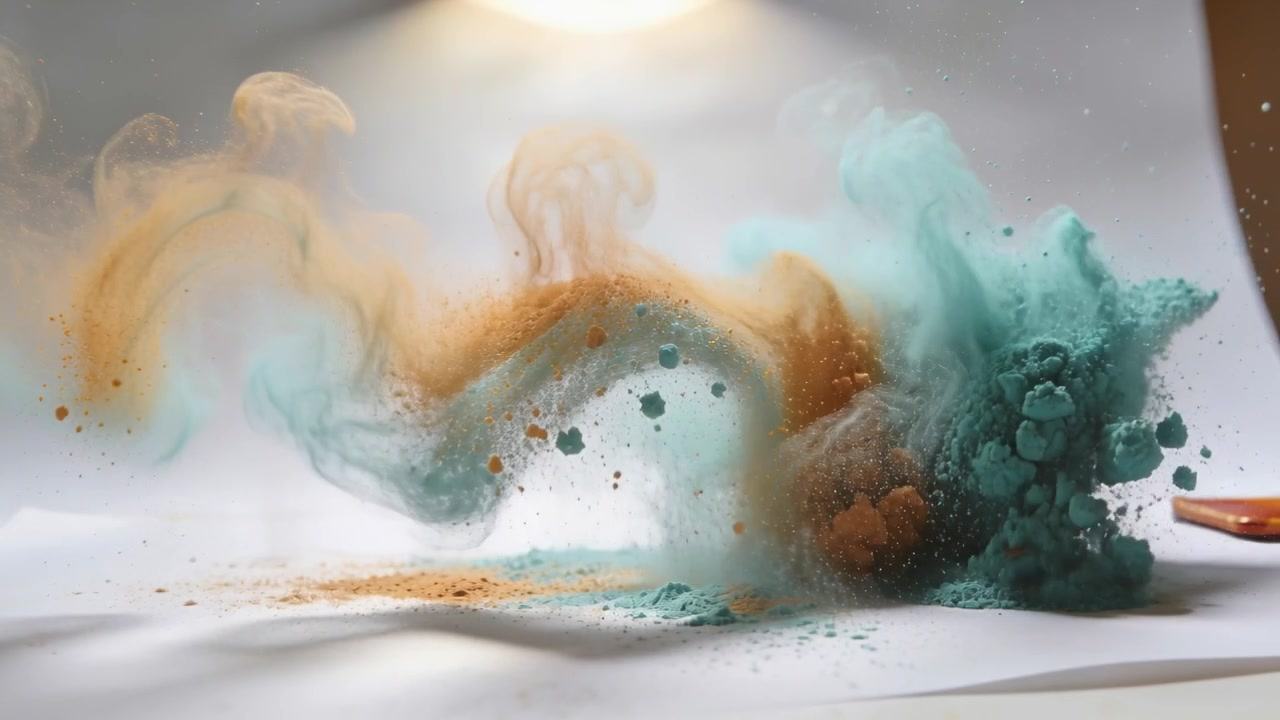 Polveri verde acqua e arancione che si lanciano, si arricciano e si scontrano su un foglio bianco, con una folata perfetta per essere catturate con le matite.