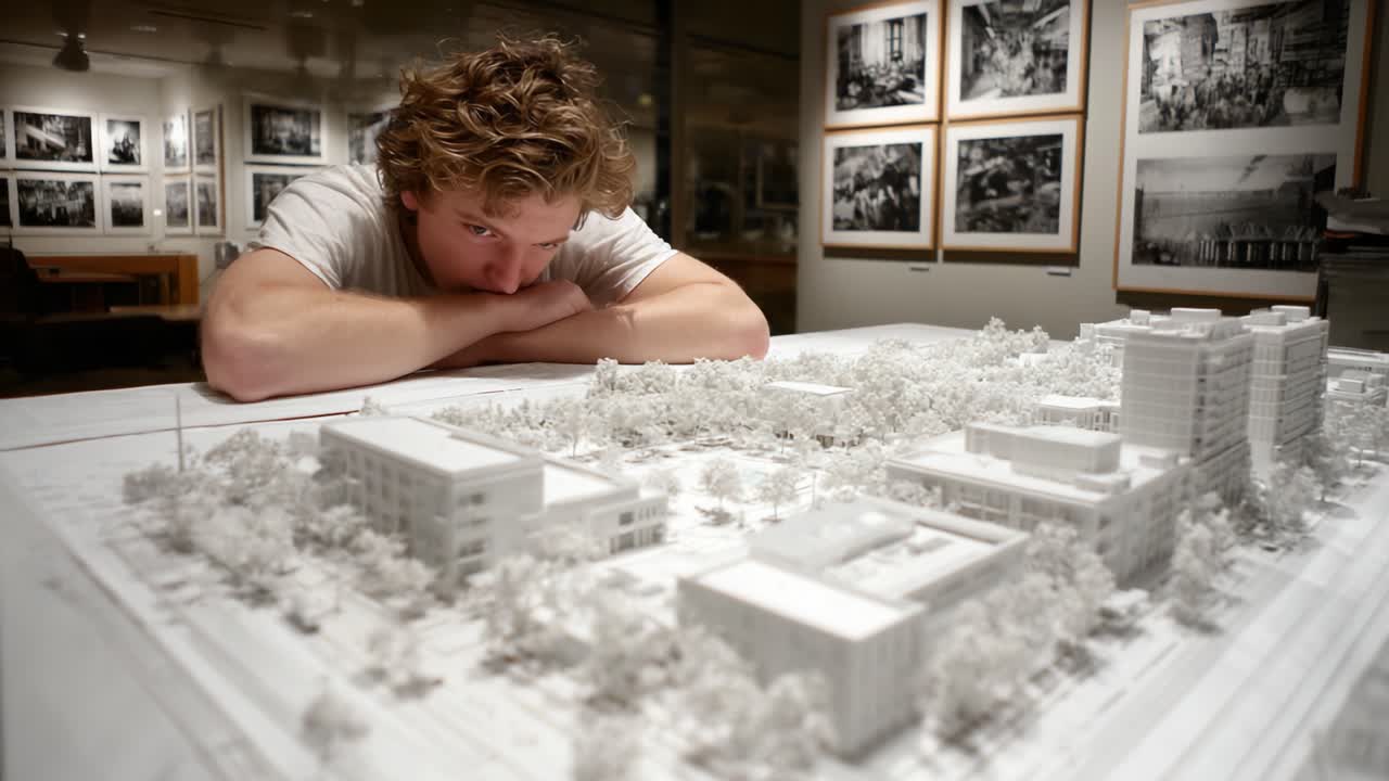 A Young Architect Contemplates His Design Over a Detailed Architectural Model in a Creative Workspace, Surrounded by Photographs of Past Projects