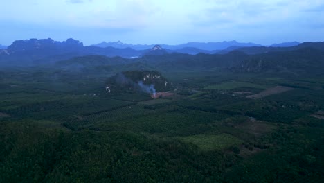 aerial view of lush green forests and mountains in a hazy landscape