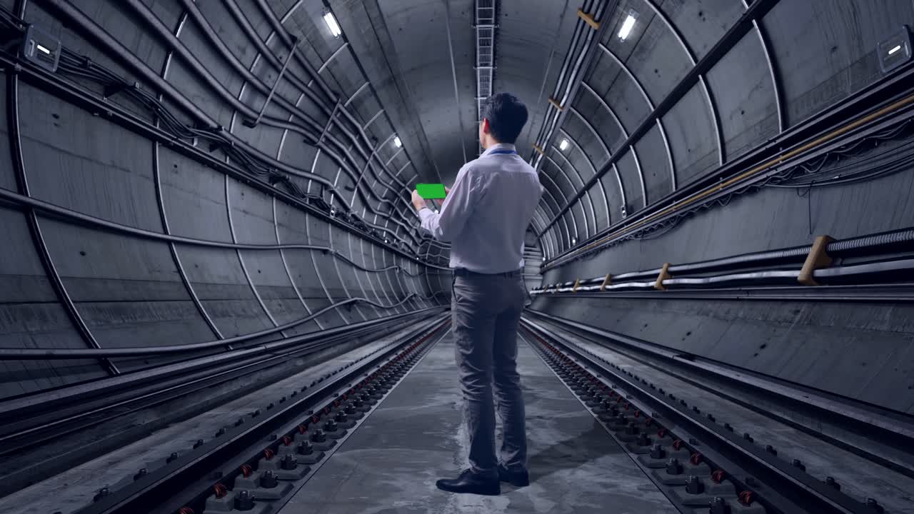 Full Body Back View Of An Asian Male Professional Worker Standing With Green Screen Smartphone In Underground Subway Tunnel, Industrial Facility