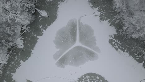 Frozen-Stream-In-The-Center-Of-The-Forest-In-Poland---aerial-shot