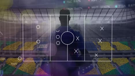 animation of soccer field, graphs over lights and man silhouette at stadium