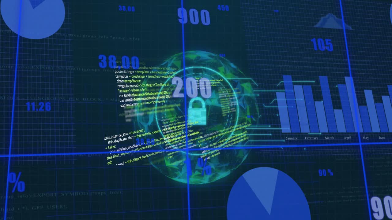 animación del procesamiento de datos estadísticos a través de un candado de seguridad y un globo de redes de plexo