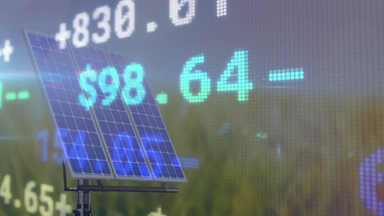 주식 시장 데이터 처리의 애니메이션과 풀의 태양 패널에 대한 빛의 점