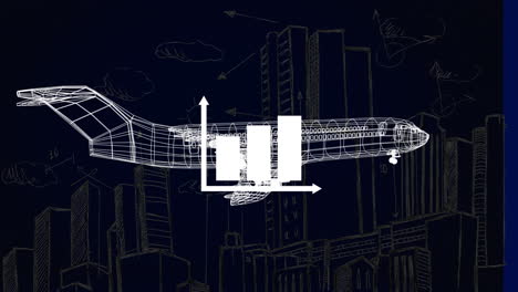 animación del procesamiento de estadísticas sobre un modelo de avión 3d girando sobre un fondo negro