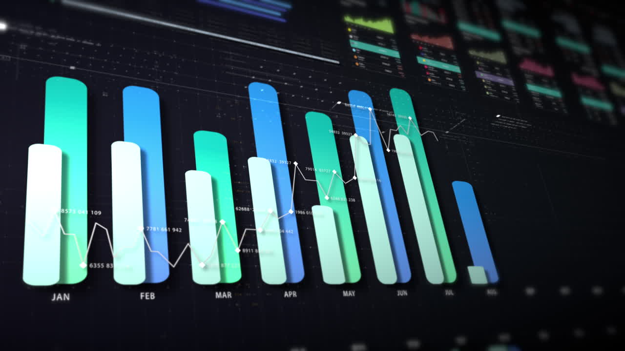 visuales de datos dinámicos para gráficos de información de negocios, gráficos animados e insights basados en datos para una maqueta de reunión de negocios. explore el mundo del comercio, las bolsas de valores y la criptografía