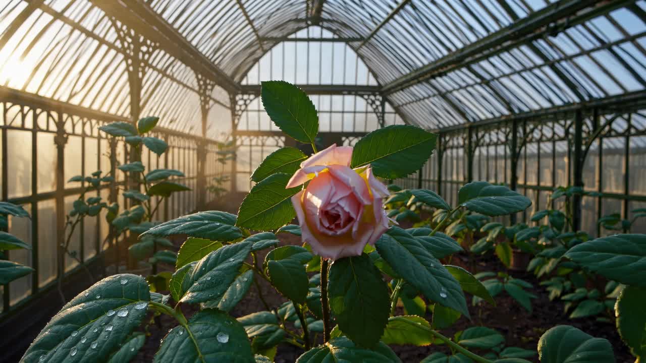 Close-up of a blooming rose in a greenhouse at sunrise, captured from a low angle