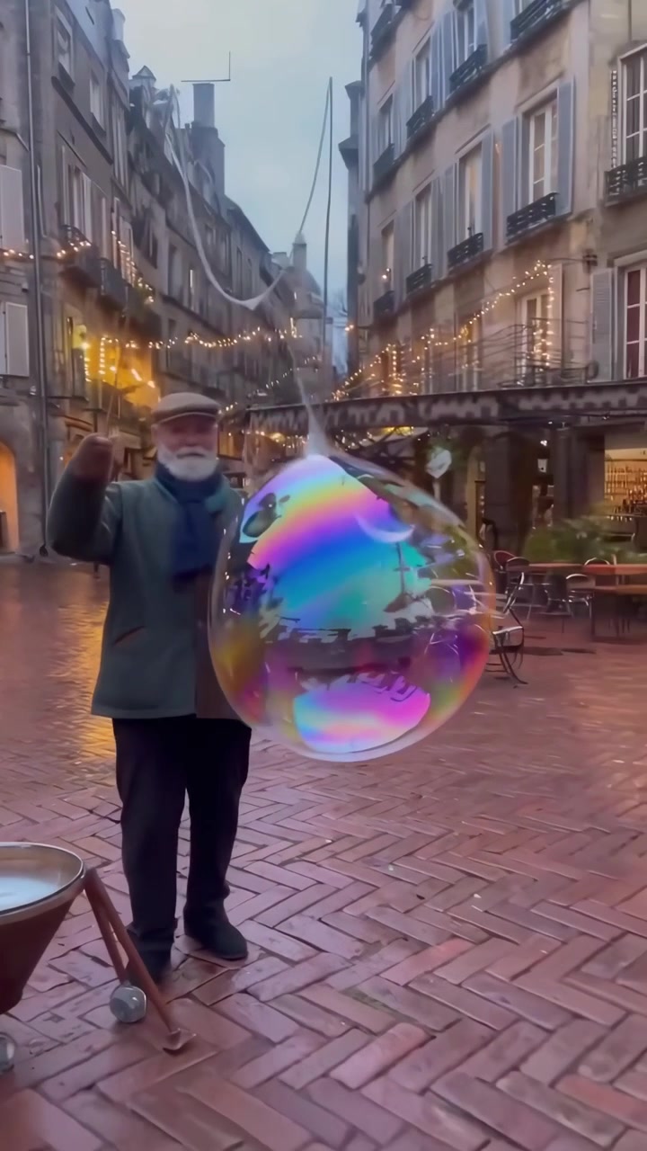 Artista di strada che crea una bolla di sapone gigante in una piazza europea