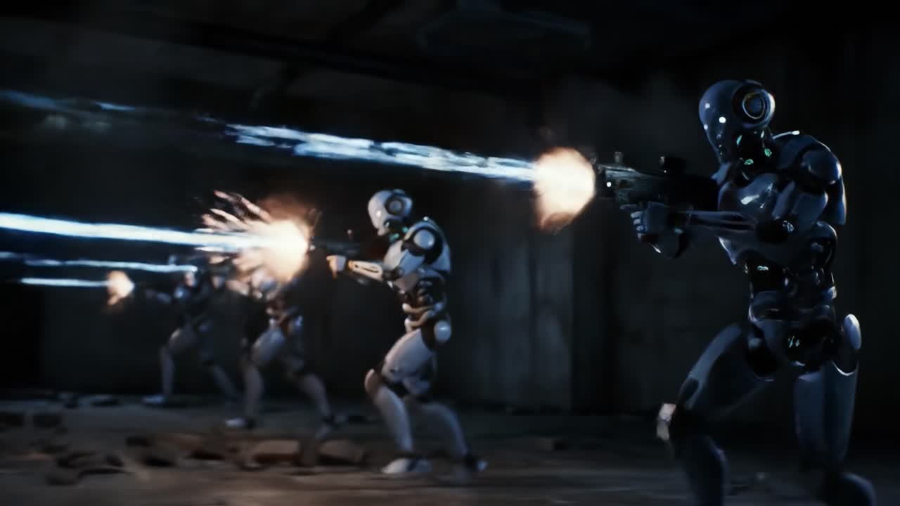 Intense Action Scene Featuring Futuristic Robots Engaged in Combat, Firing Energy Weapons in a Dark Urban Environment with Dynamic Lighting and Explosive Effects