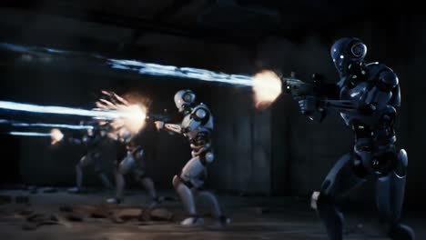intense action scene featuring futuristic robots engaged in combat, firing energy weapons in a dark urban environment with dynamic lighting and explosive effects