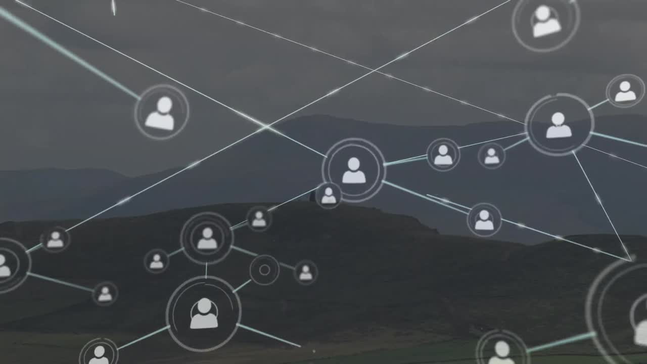 animación de la red de conexiones con iconos sobre el paisaje