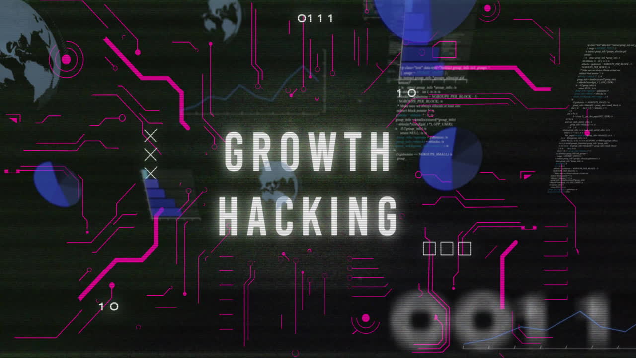 Growth hacking text with charts and graphs animation on dark background