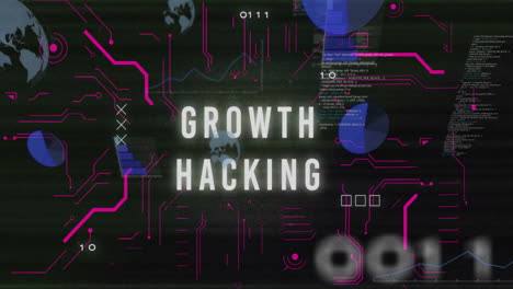 growth hacking text with charts and graphs animation on dark background
