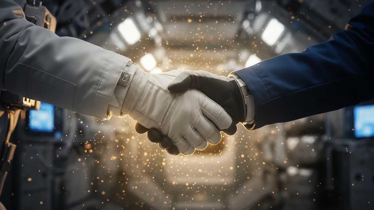 A Historic Moment of Unity in Space Exploration: Two Astronauts Shake Hands in a High-Tech Environment, Symbolizing Cooperation and Scientific Advancement