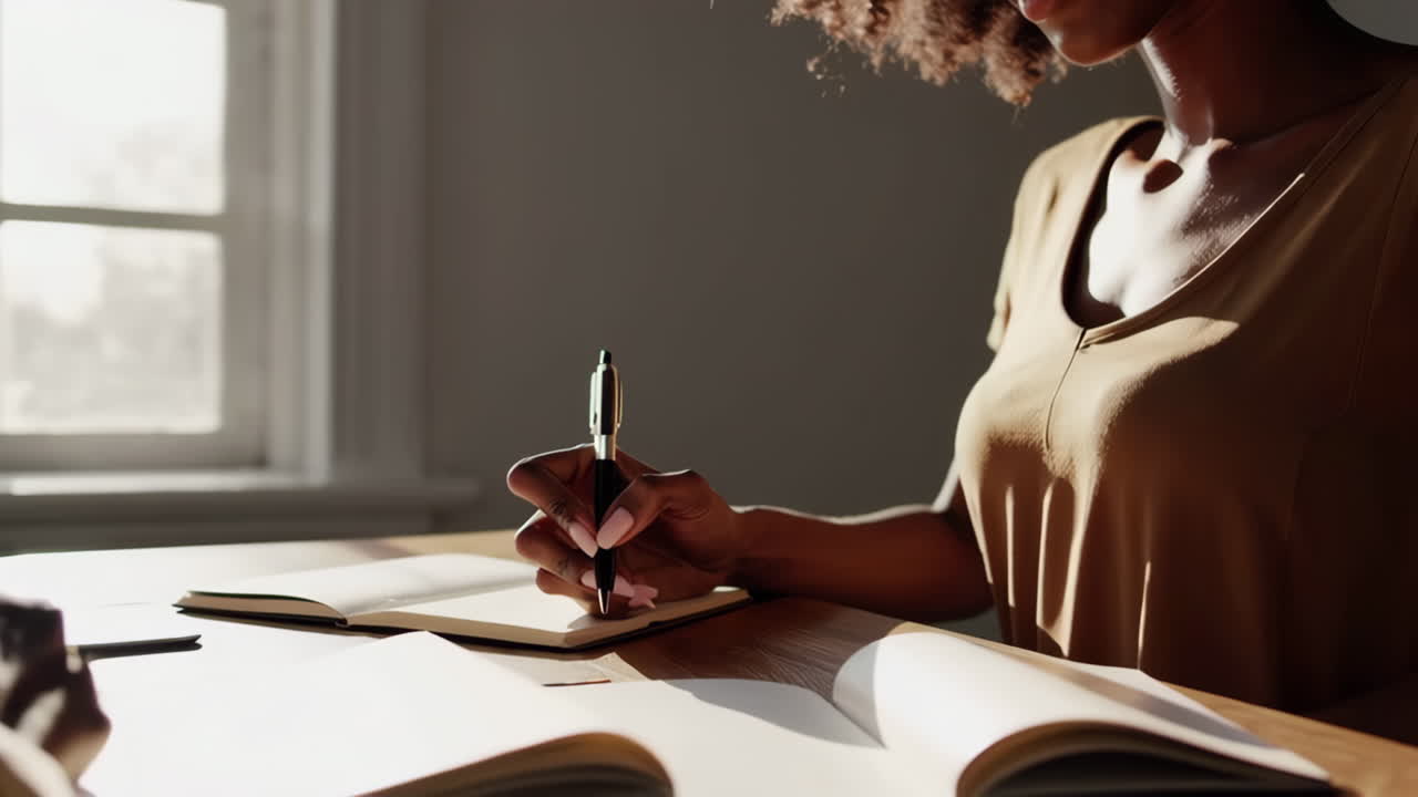 A Black Woman Studying or Writing in a Journal by a Window