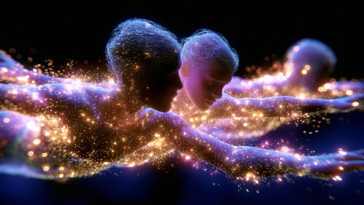 A mesmerizing display of ethereal figures gliding through a cosmic landscape, radiating vibrant light as they embody the essence of gracefulness and fluidity in an otherworldly realm filled with stars