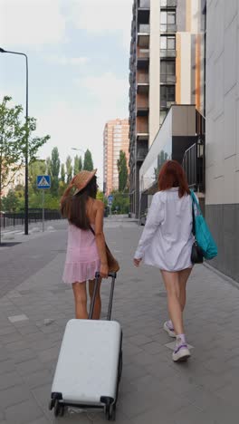 two women walking with luggage on city street